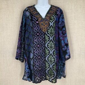 Tunic Top Burnout Velvet Embellish Beaded Sequin 1X Boho Romantic Artisan Sheer